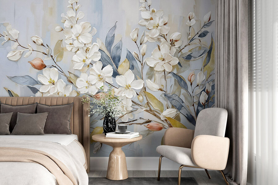 Pintura de flores y hojas blancas