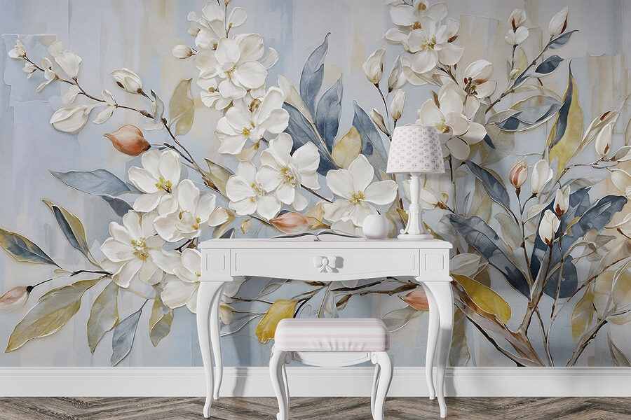 Pintura de flores y hojas blancas