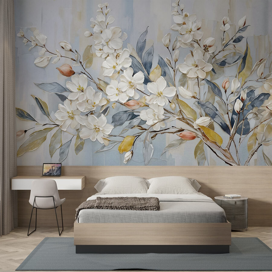 Pintura de flores y hojas blancas