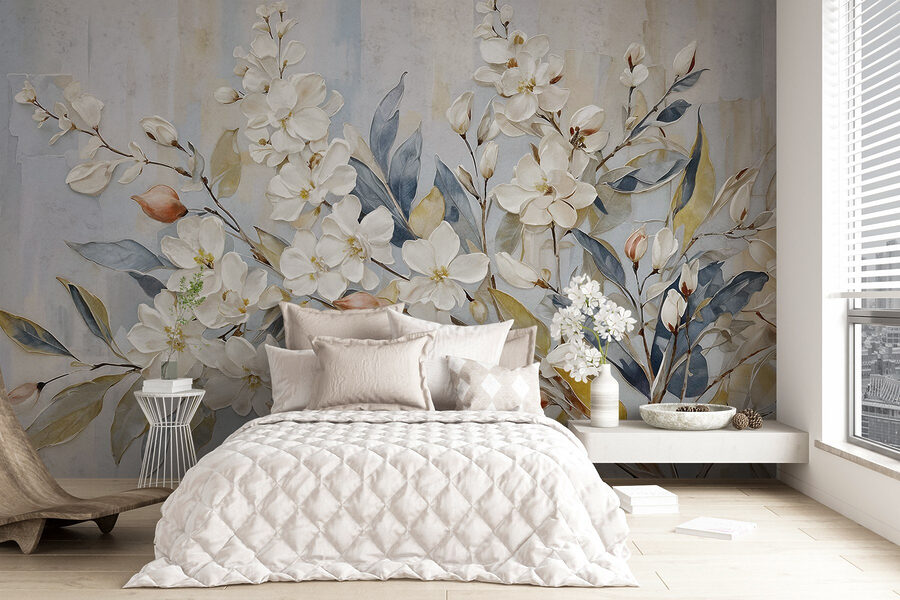 Pintura de flores y hojas blancas