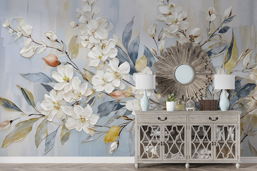 Pintura de flores y hojas blancas