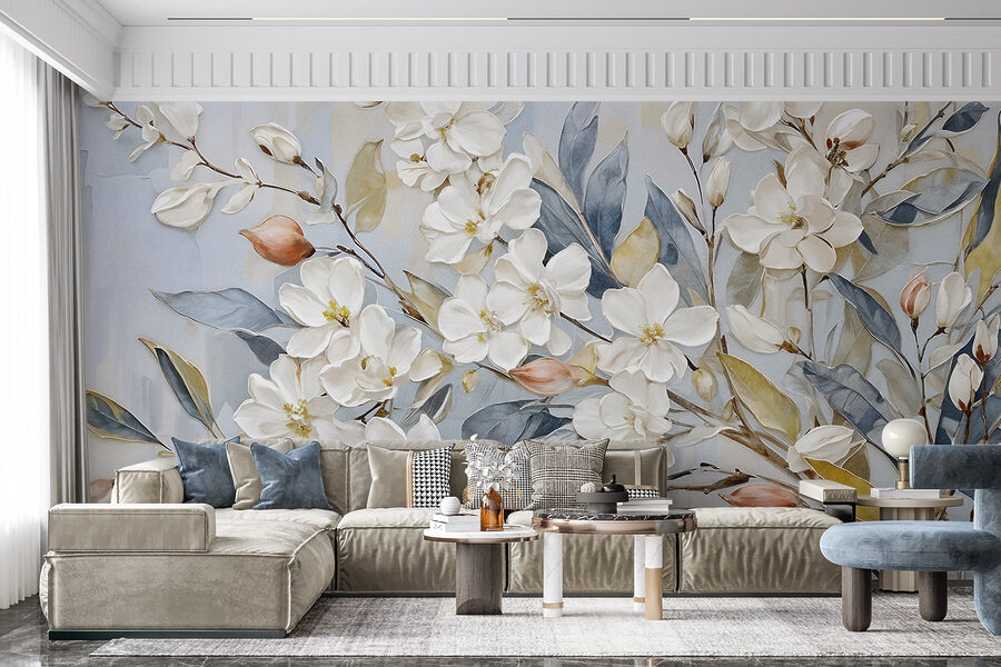 Pintura de flores y hojas blancas