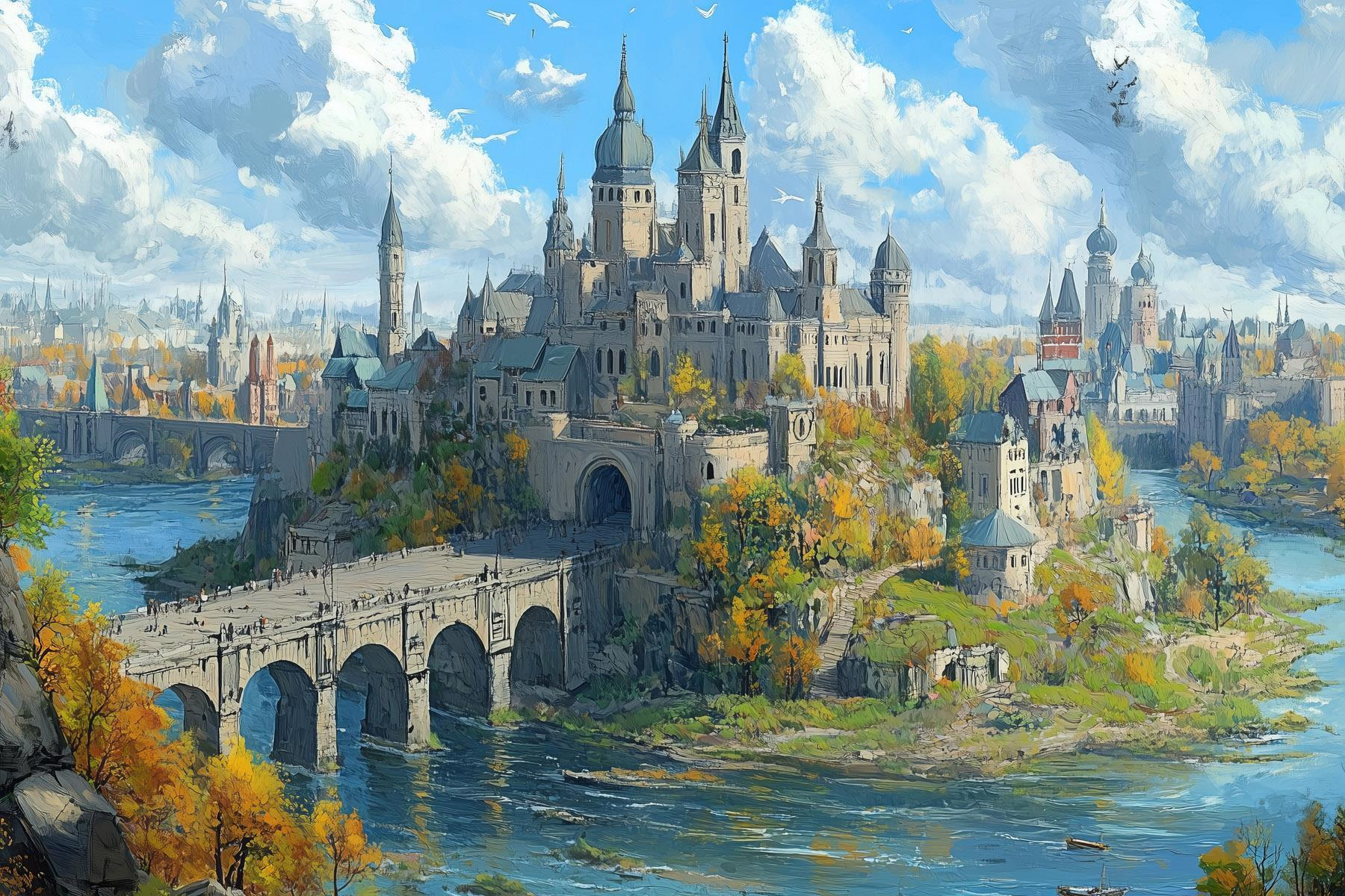 Castle on a hill with a bridge over water
