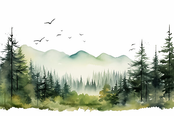 Acuarela de un bosque y montañas Acuarela de un bosque y montañas