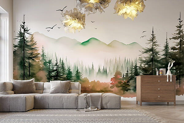 Watercolor painting of a forest and mountains