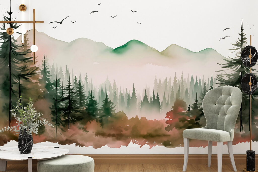 Watercolor painting of a forest and mountains
