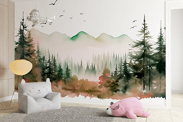 Watercolor painting of a forest and mountains