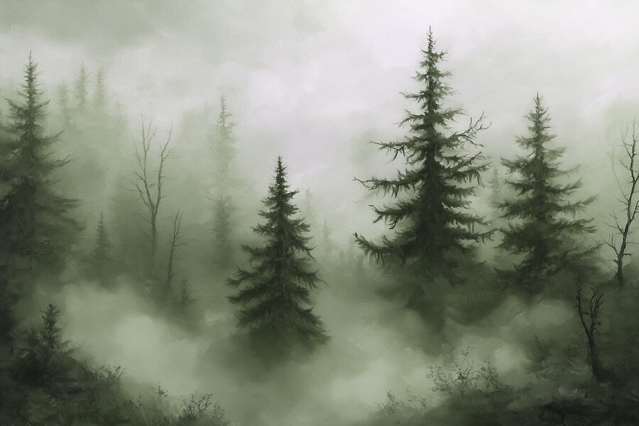 Bosque brumoso con árboles