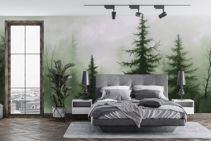 Bosque brumoso con árboles