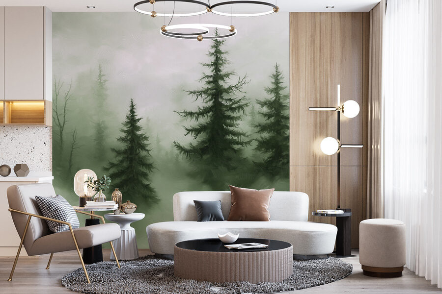 Bosque brumoso con árboles