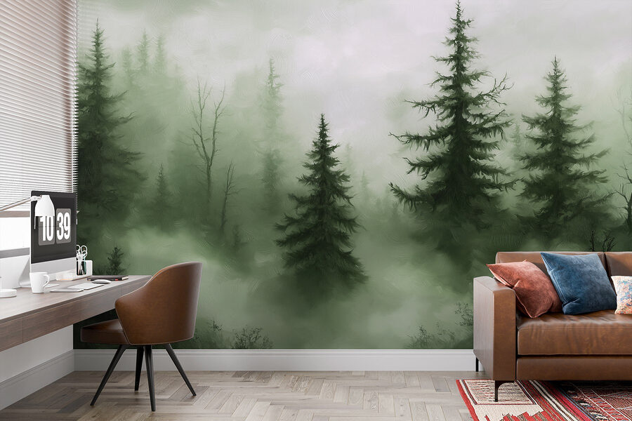Bosque brumoso con árboles