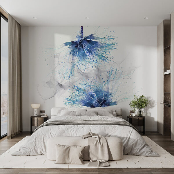 Blue flowers with white ink in the air