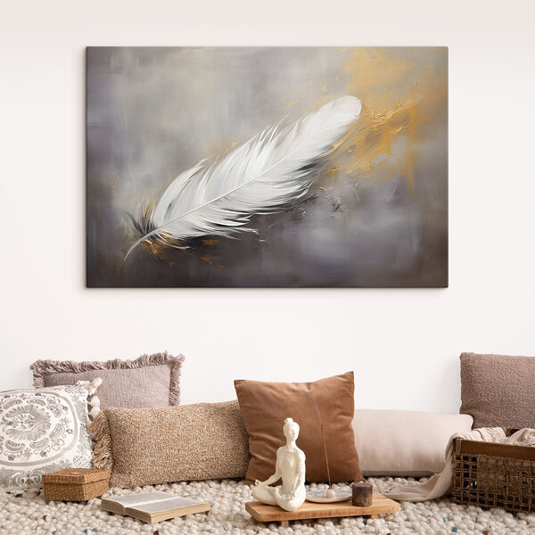 Cuadros Una pluma blanca sobre un fondo gris (SKU: s41557) Cuadros Cuadros Una pluma blanca sobre un fondo gris (SKU: s41557)