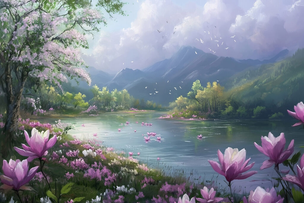 River with flowers and mountains in the background River with flowers and mountains in the background