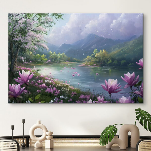 Cuadros Río con flores y montañas al fondo