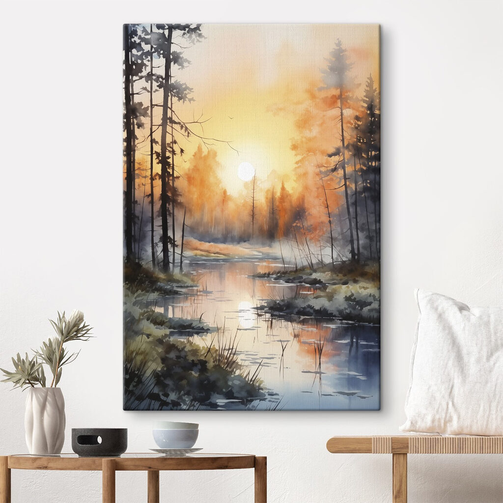 Watercolor painting of a river with trees and plants