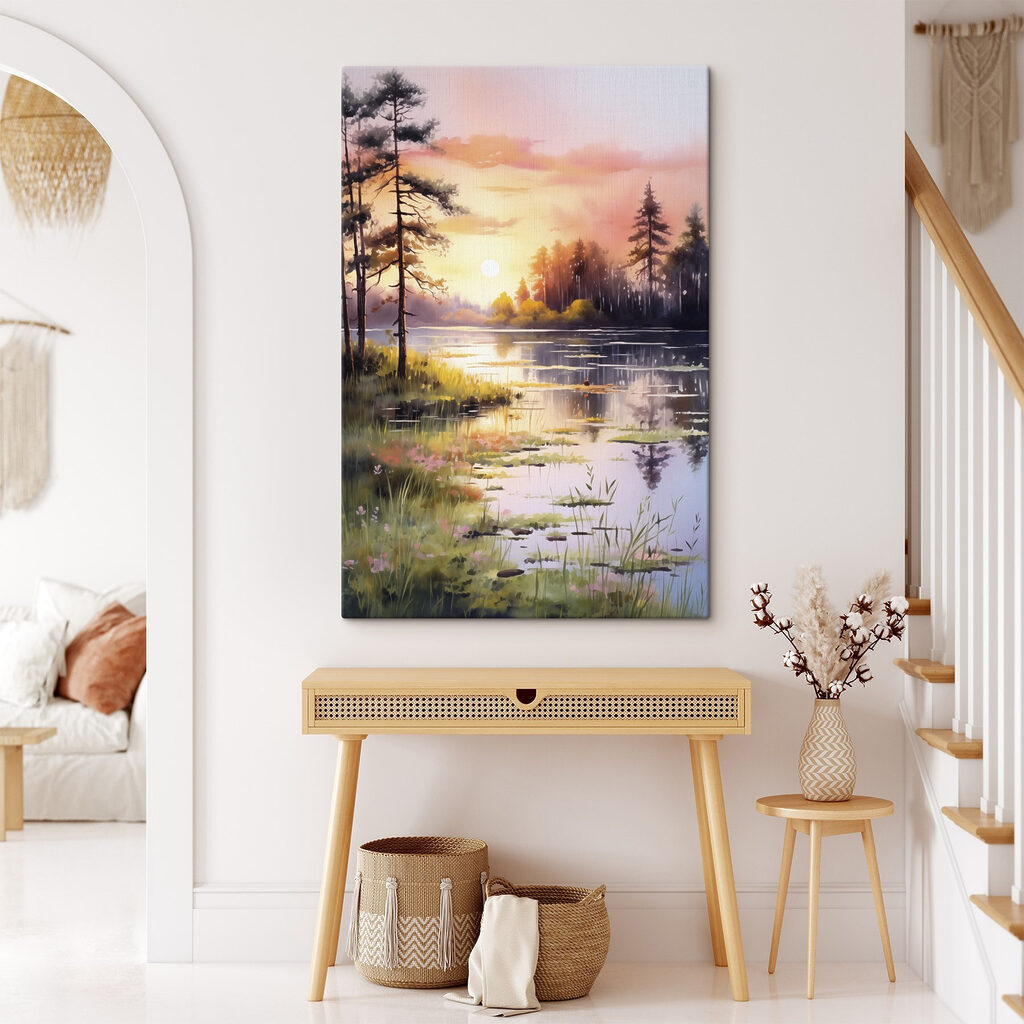Watercolor painting of a lake with trees and grass