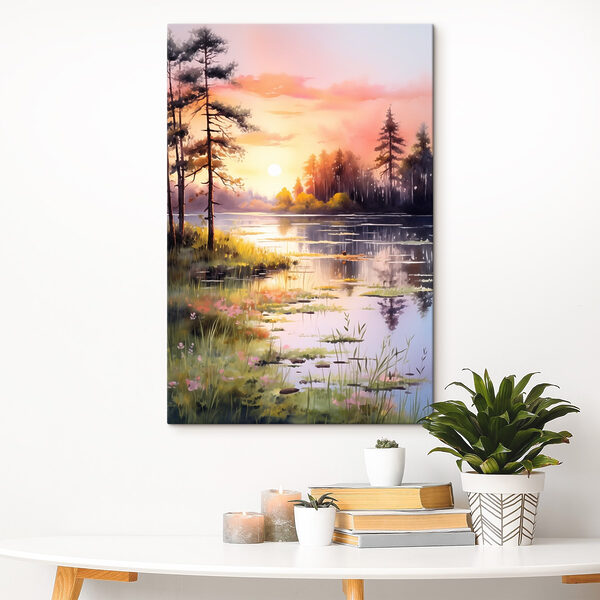 Watercolor painting of a lake with trees and grass
