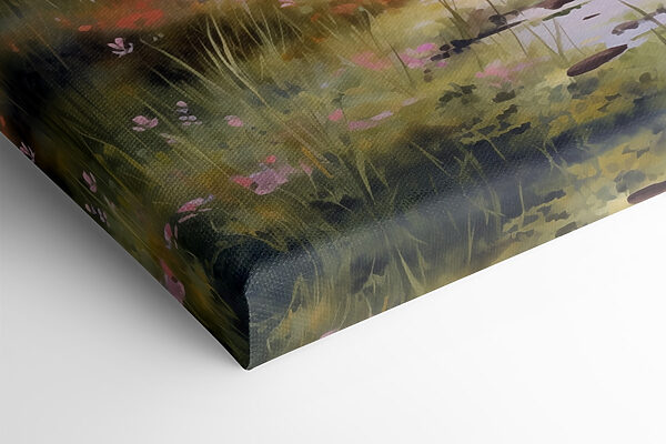 Watercolor painting of a lake with trees and grass