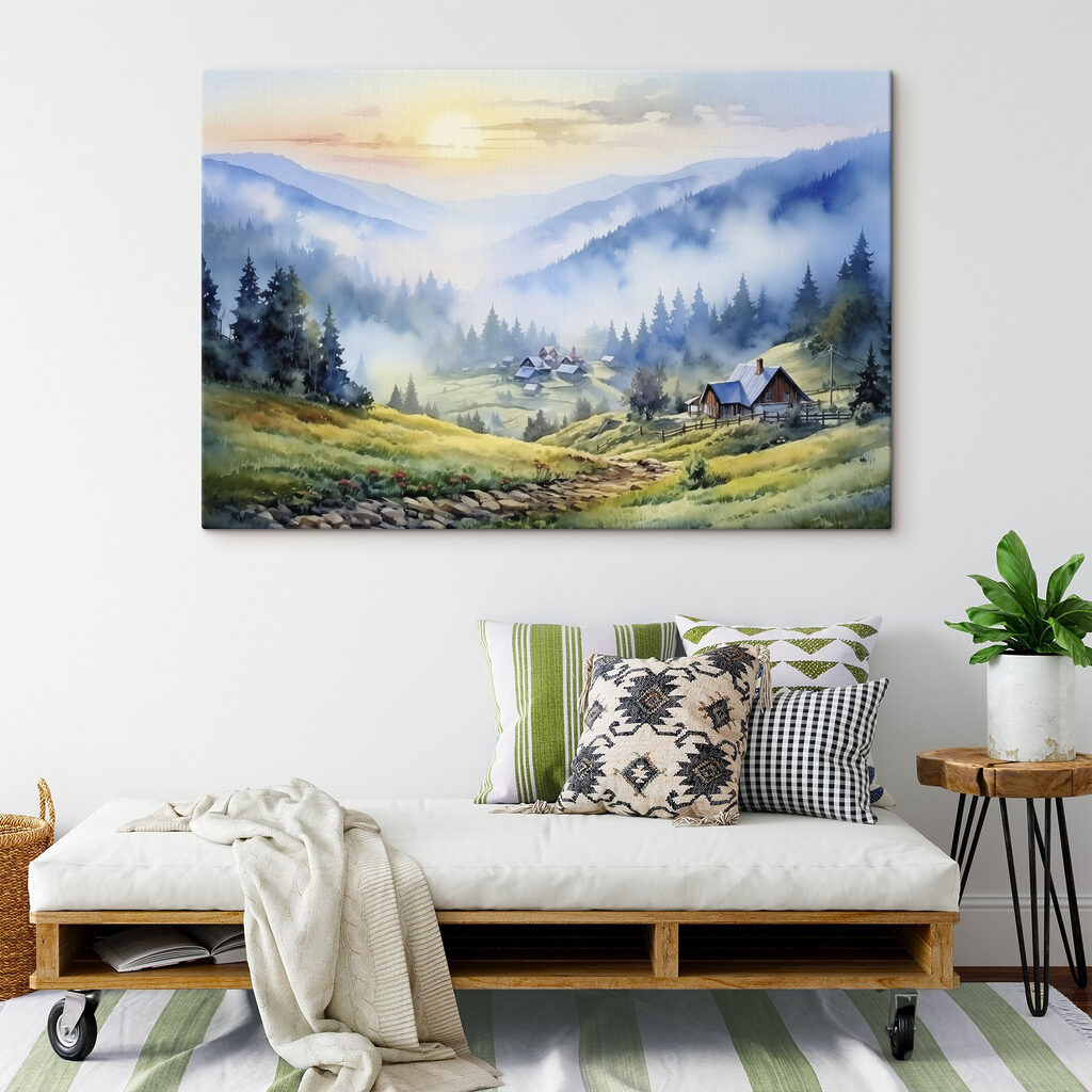 Painting of a village in the mountains Painting of a village in the mountains