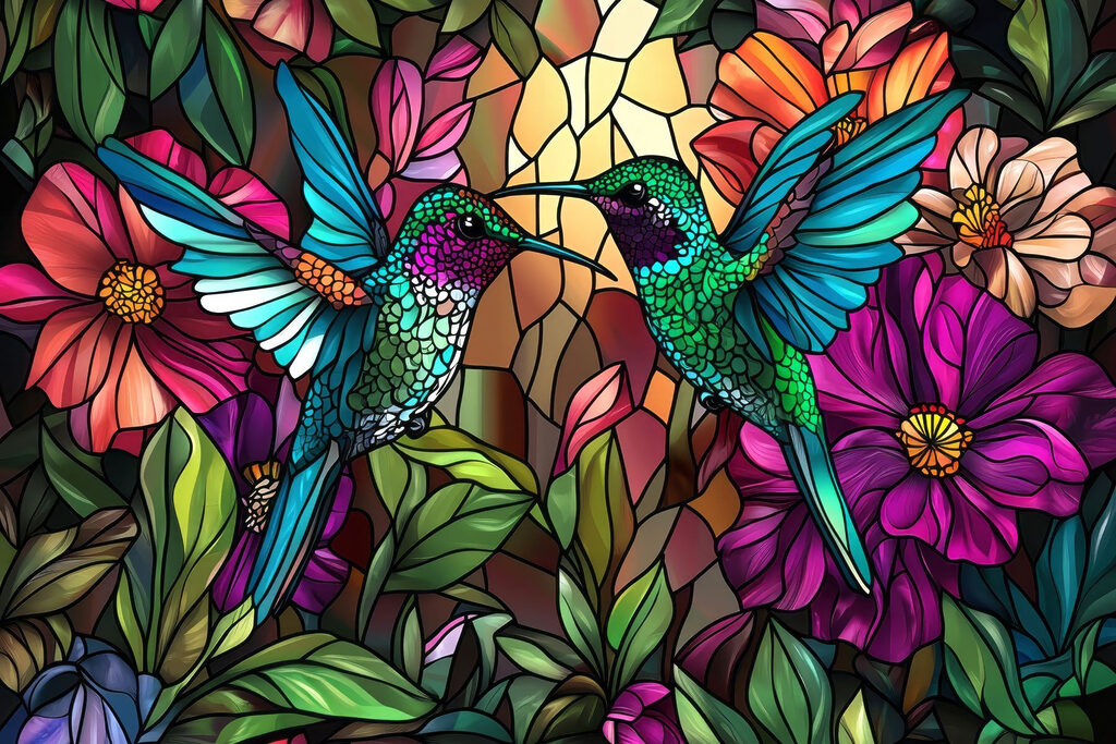 Vidriera con pájaros de colores Vidriera con pájaros de colores
