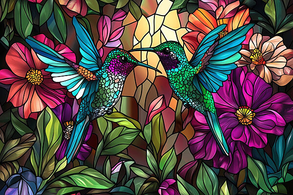 Vidriera con pájaros de colores Vidriera con pájaros de colores