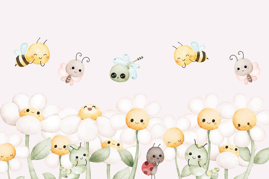 Grupo de bichos y flores de dibujos animados