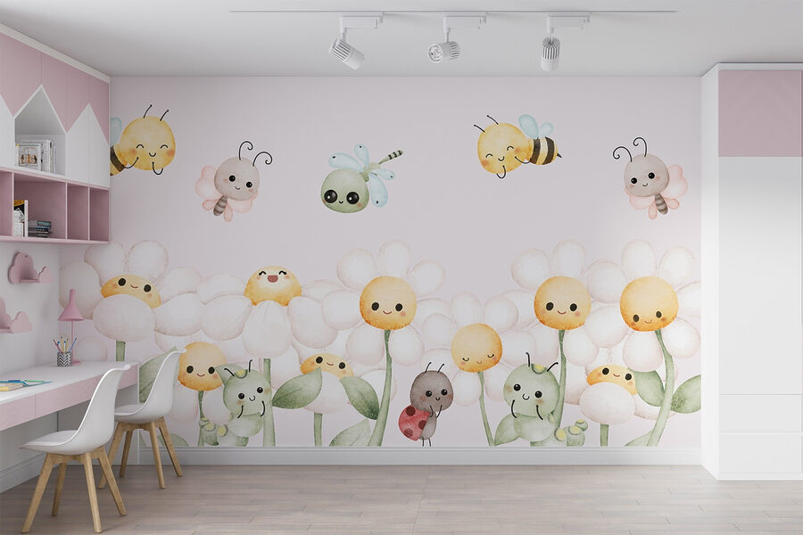 Grupo de bichos y flores de dibujos animados