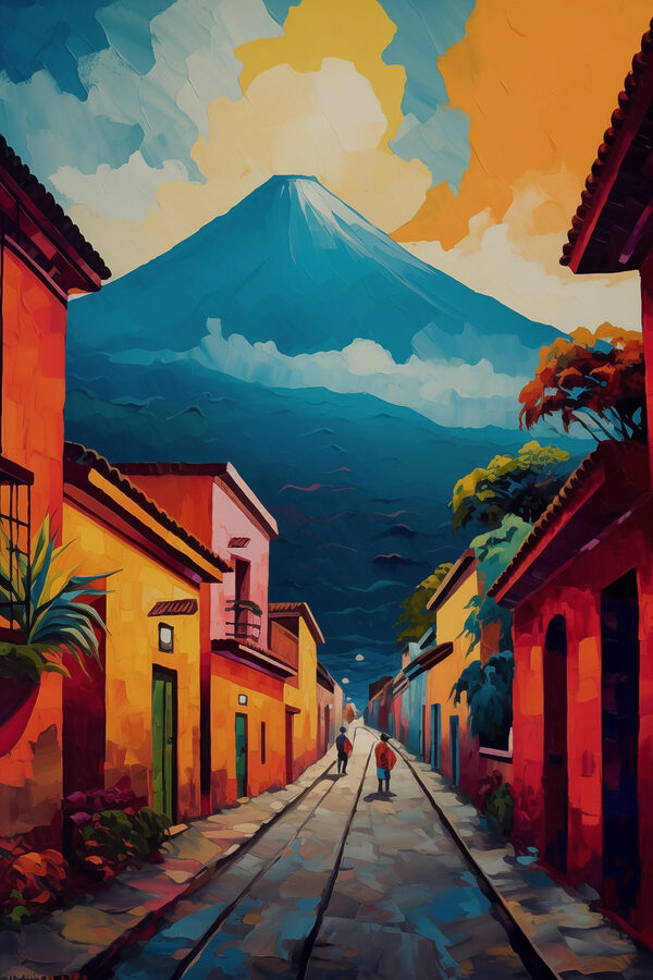 Painting of a street with buildings and a mountain in the background