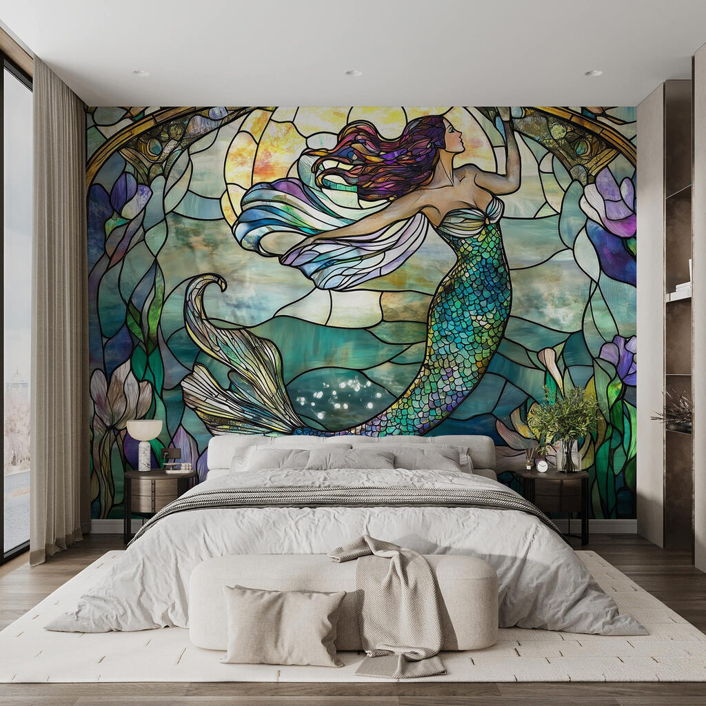 Stained glass window with a mermaid