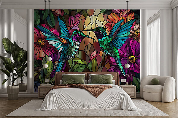 Vidriera con pájaros de colores Vidriera con pájaros de colores