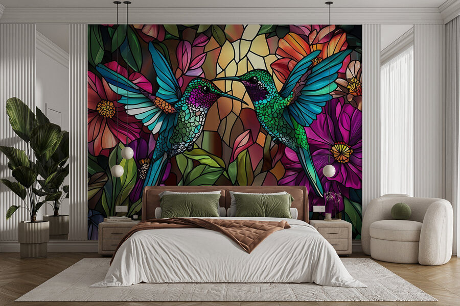 Vidriera con pájaros de colores