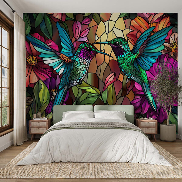 Vidriera con pájaros de colores Vidriera con pájaros de colores