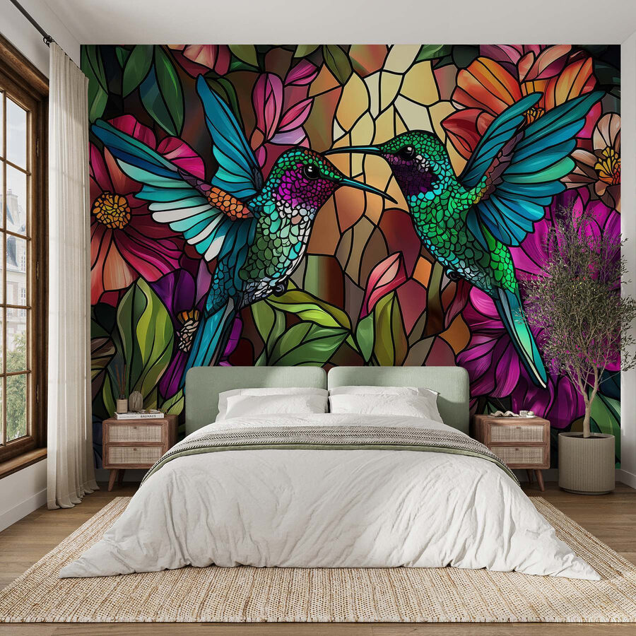 Vidriera con pájaros de colores