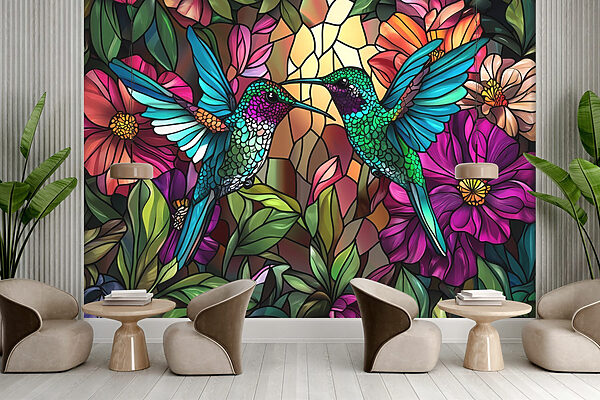 Vidriera con pájaros de colores Vidriera con pájaros de colores