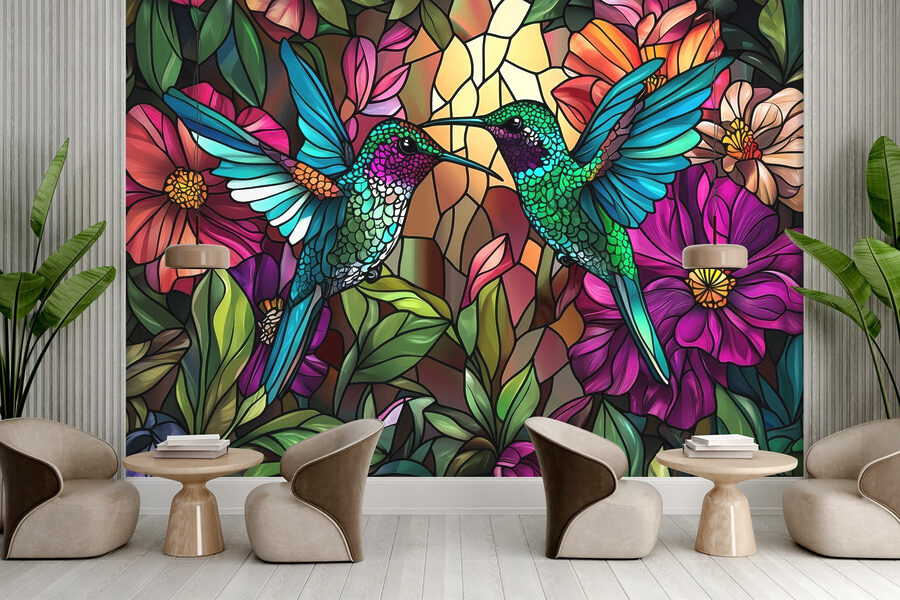 Vidriera con pájaros de colores