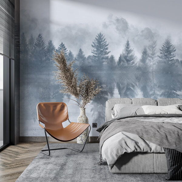 Fotomurales Fotomurales Bosque brumoso con árboles reflejados en el agua (SKU: w08415)