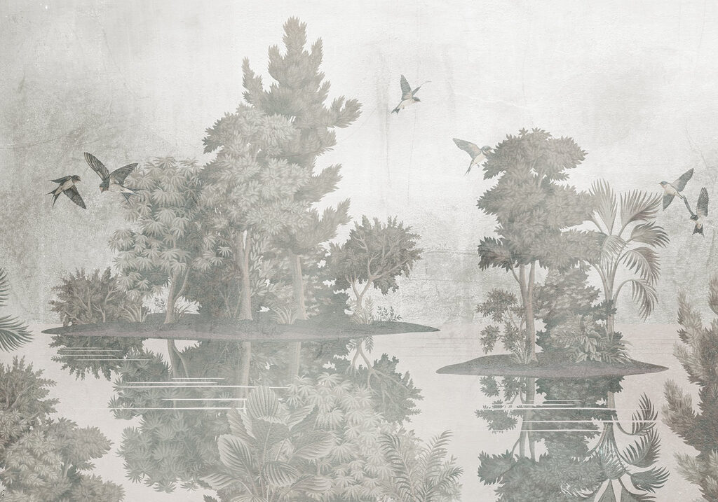 Birds flying over trees