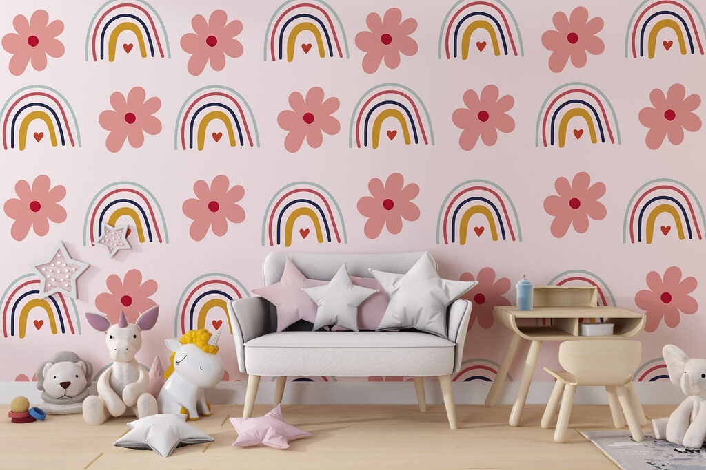 Pattern of flowers and rainbows