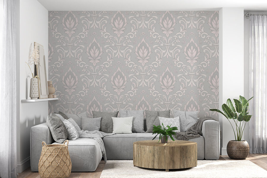 Papel pintado con diseños en rosa y blanco