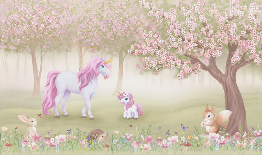 Unicornio y una ardilla en un bosque