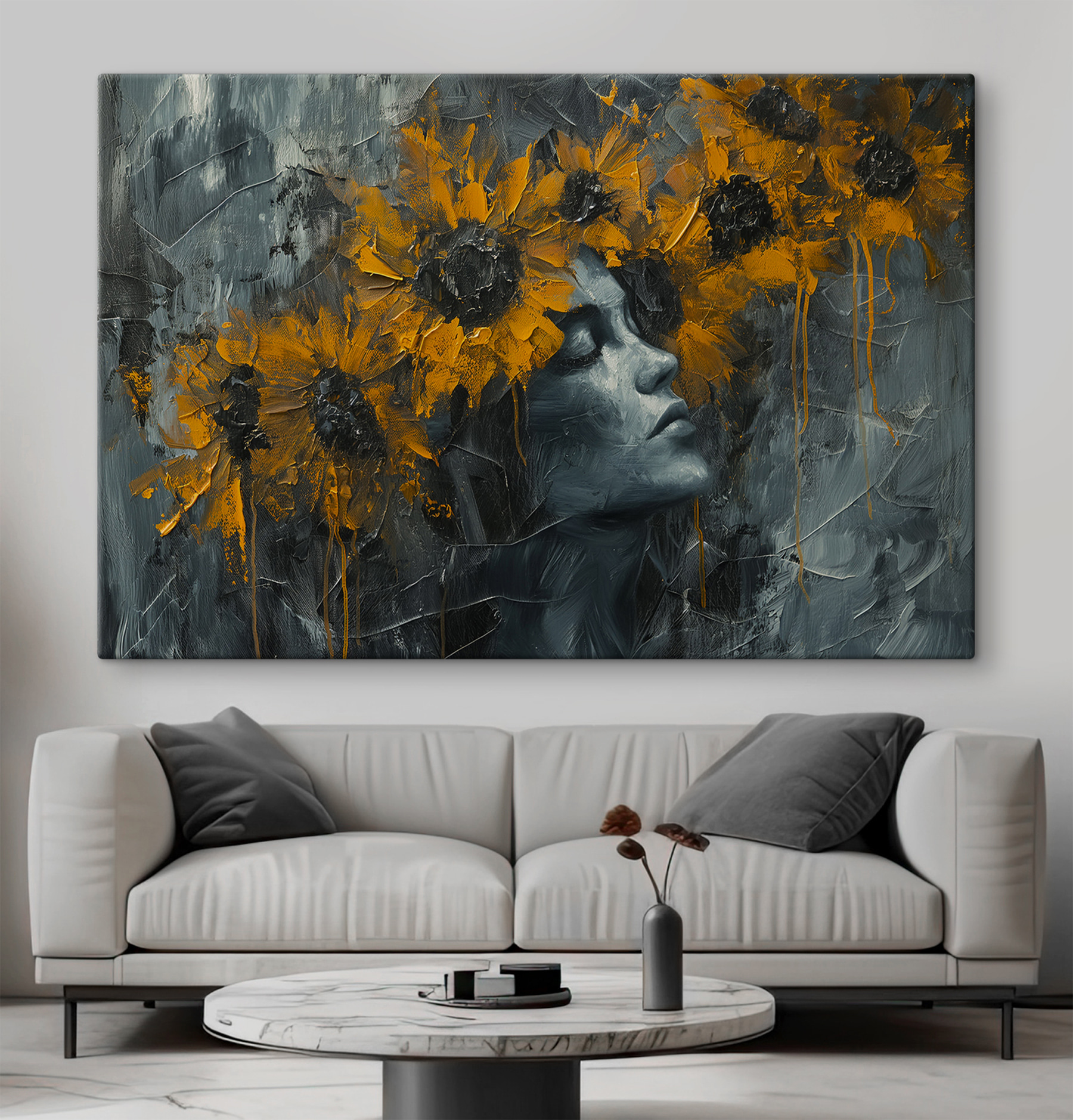 Painting of a woman with yellow flowers