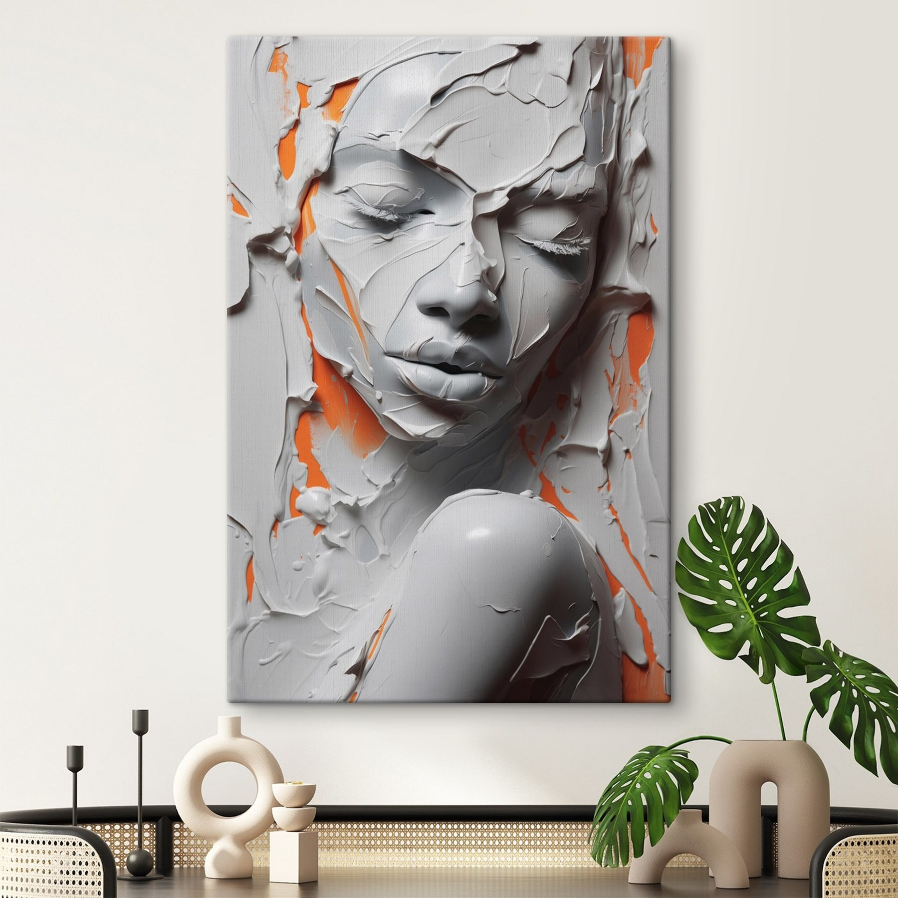 Woman's face covered in white paint Woman's face covered in white paint