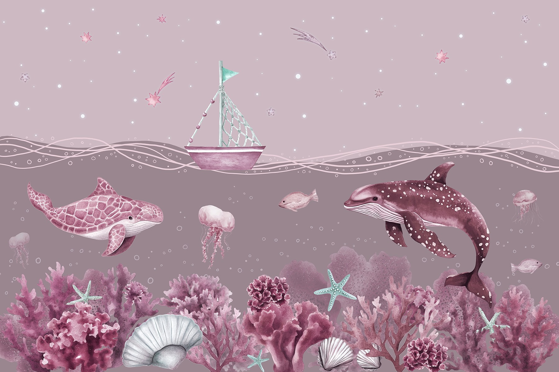Sea life with a boat and fish