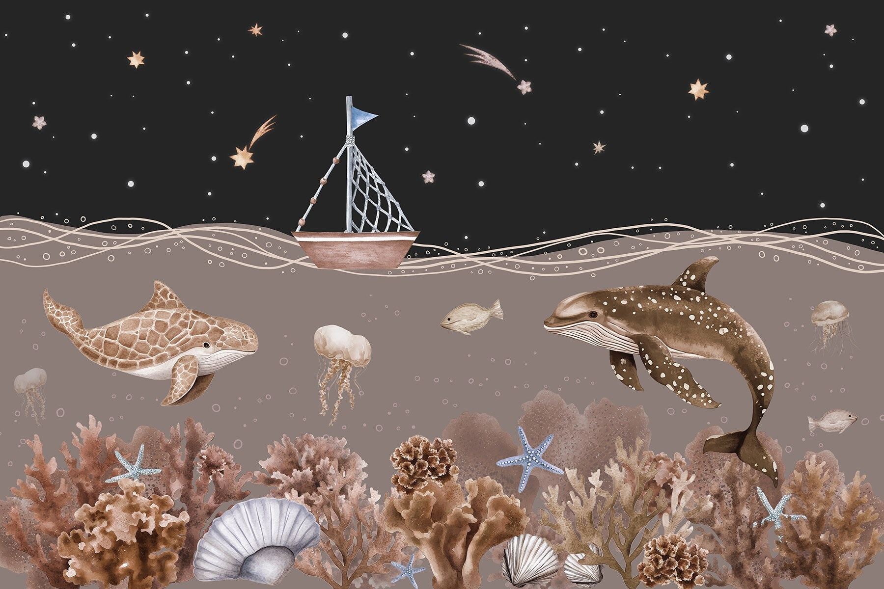 Sea life with a boat and a whale