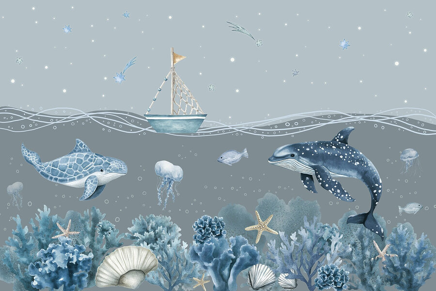 Vida marina con un barco y peces