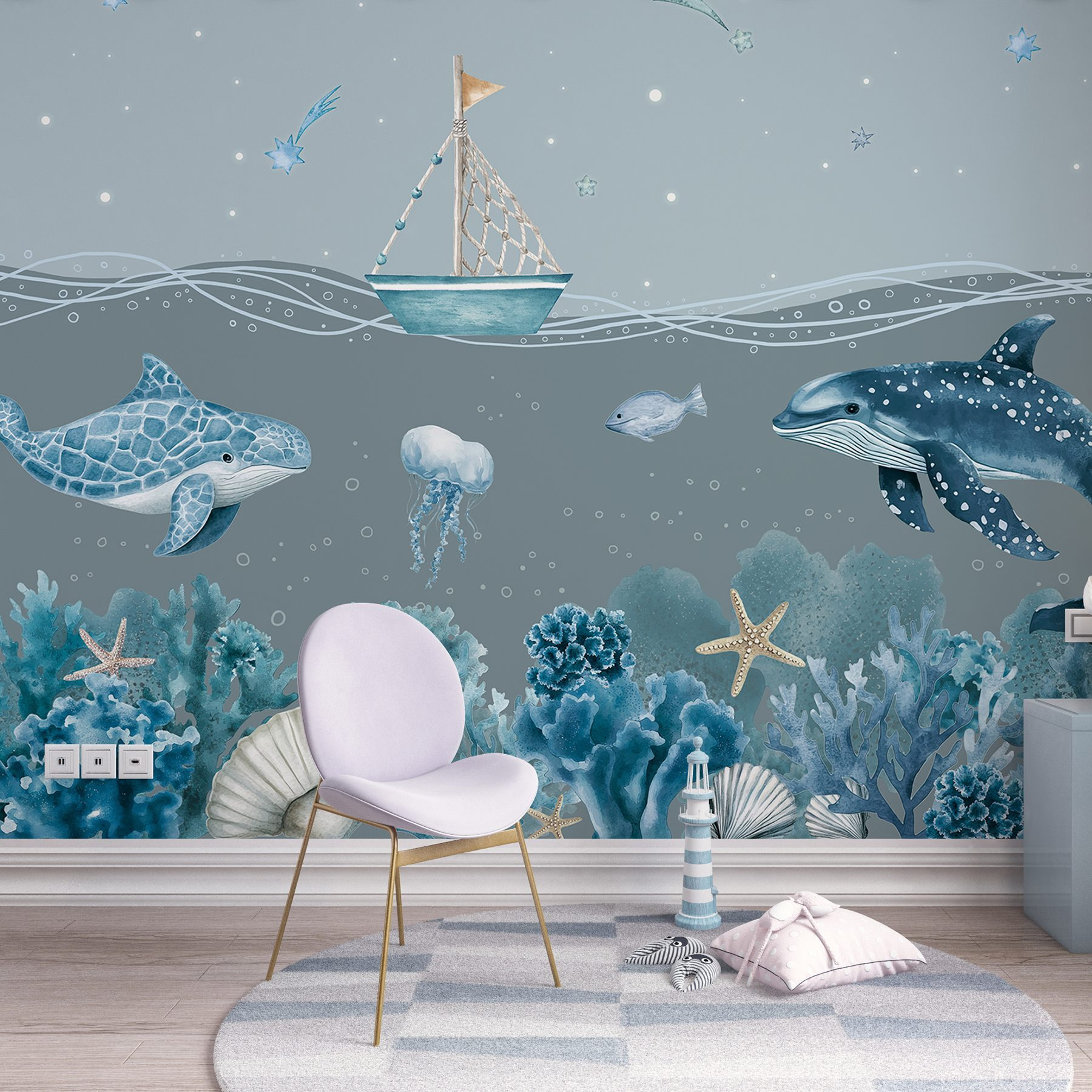Sea life with a boat and fish