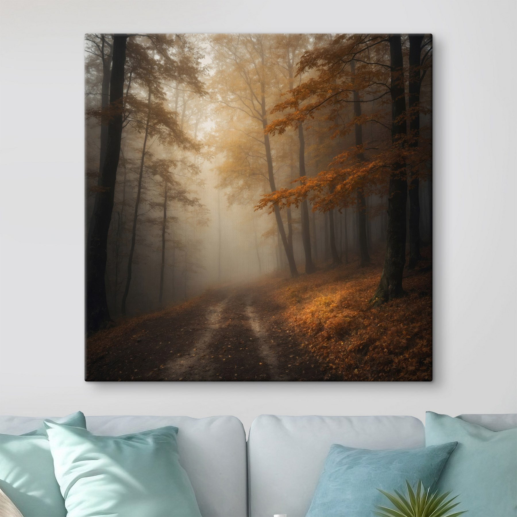 Foggy forest with trees and leaves