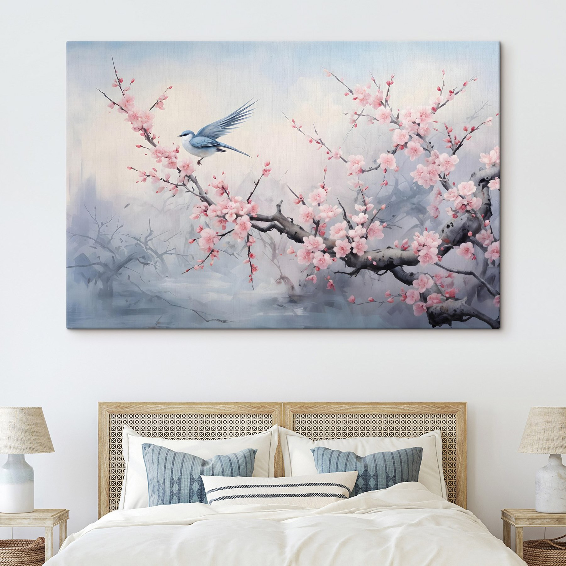 Bird on a branch with pink flowers
