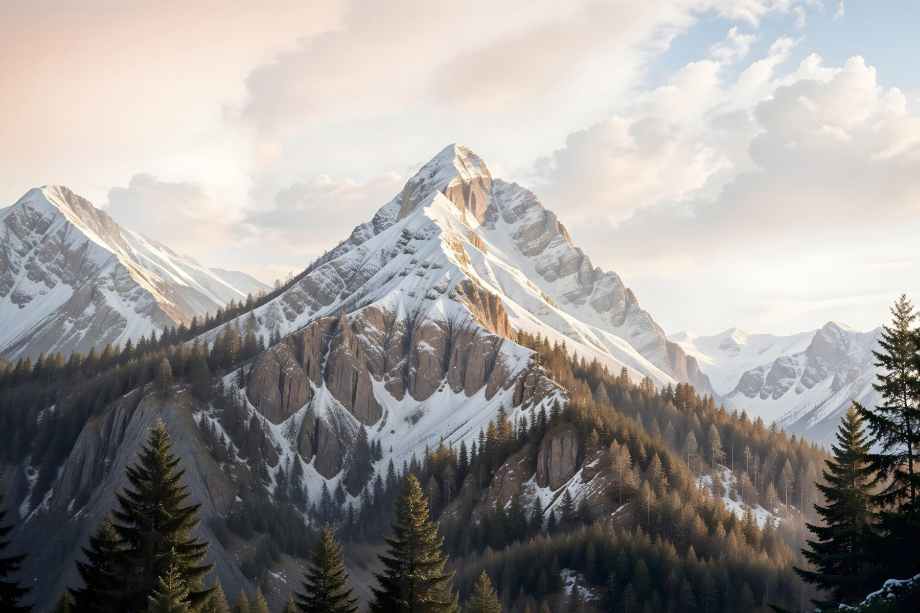 Snowy mountain with trees Snowy mountain with trees